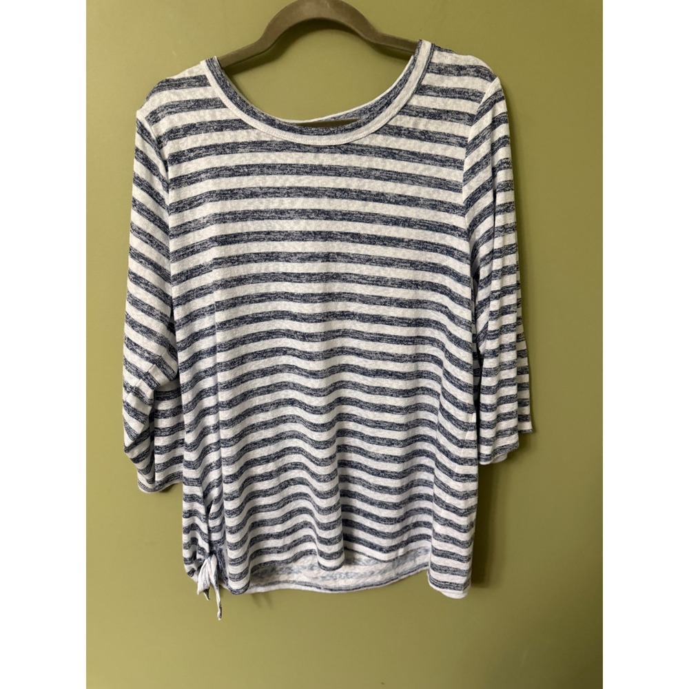 Cameo Appearance Womens 2X Navy Blue White Striped 3/4 Sleeve Side Tie Top